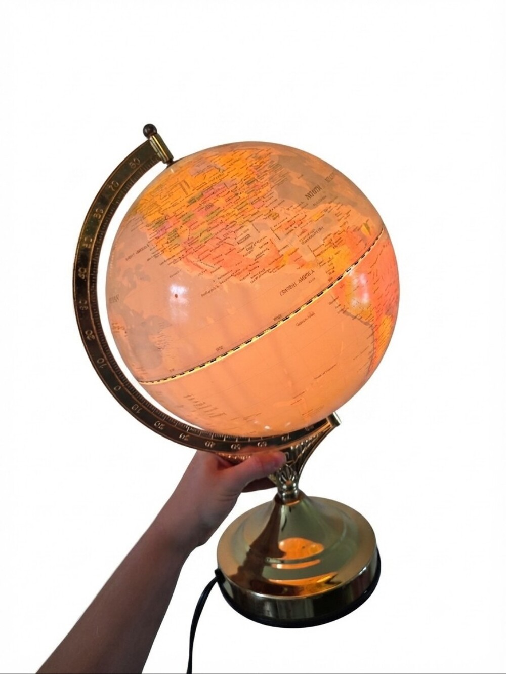 Vintage Touch Globe Lamp Brass Finish Light Up World Map Desk Decor 14"